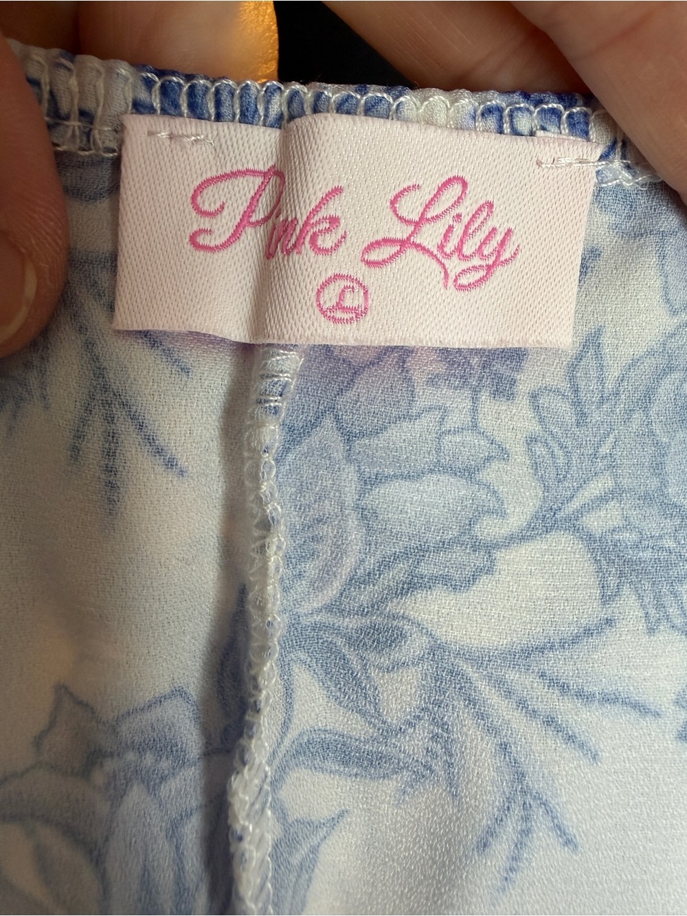 Pink Lily Blue White Floral Tie Strap Tank Top Size L Cottagecore Ruffle Blouse - Picture 7 of 7